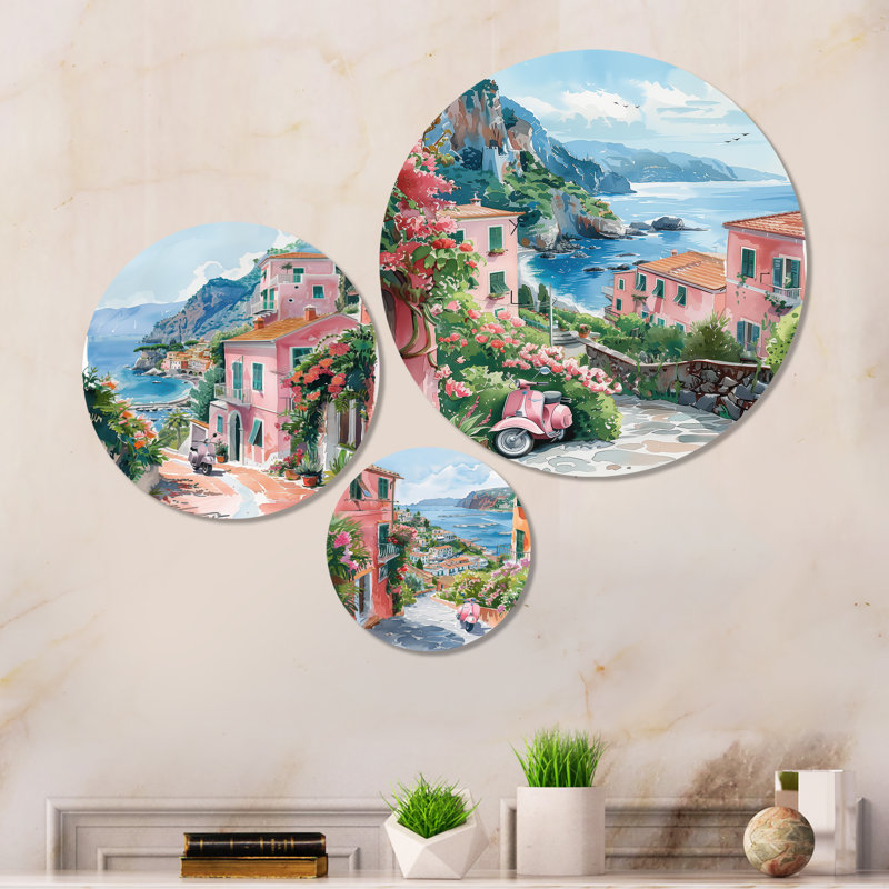 Ensemble de décoration murale 3 pièces Pink Coastal village Italy I - Italie