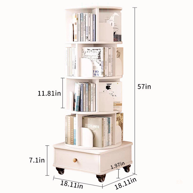 Bibliothèque d'angle rotative à 5 niveaux avec tiroir et rangement en bois pour les petites pièces, White