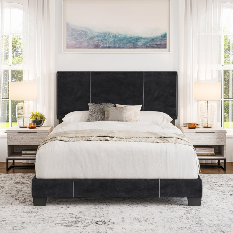 Lucena Black Velvet Upholstered Queen Platform Bed with Headboard
