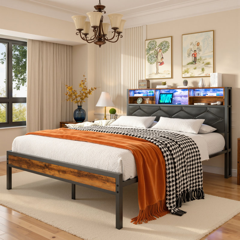 Ensemble de chambre à coucher rembourrée, lit plateforme avec éclairage à DEL et 2 tables de chevet, tête de chargement USB / Type-C, lit de rangement, assemblage facile