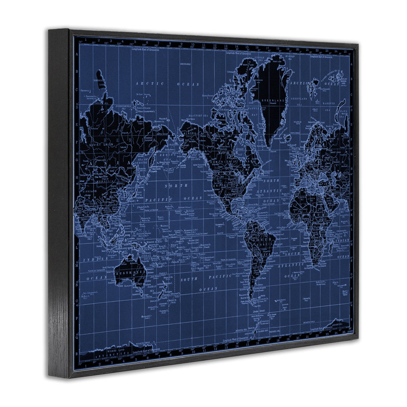 Giclée encadrée de carte du monde aux tons bleus, design par Phillipa Katz, H 16 po x l 20 po, Giclée encadrée noir minuit
