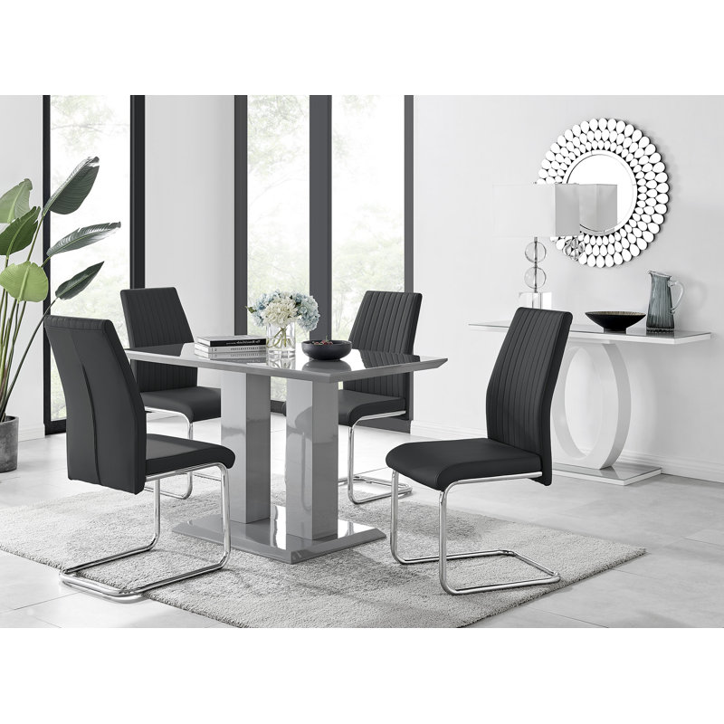 Edzard Double Pedestal High Gloss Dining Table Set with 4 Luxury Faux Leather Dining Chairs, Black
