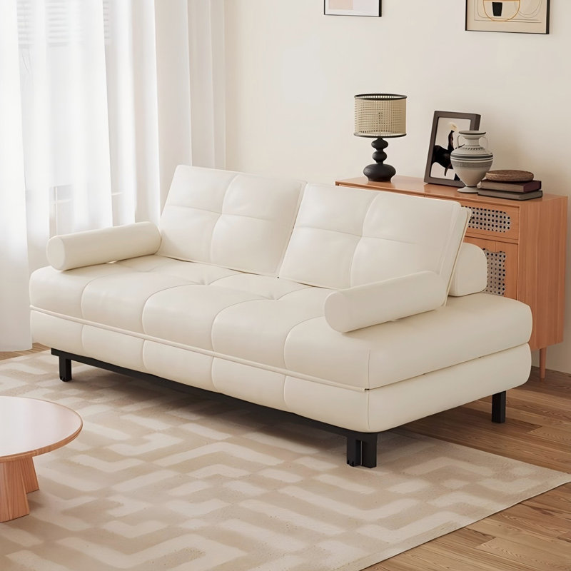 Canapé-lit en cuir crème avec coussins, H 14,96 po x l 59,06 po x P 37,40 po