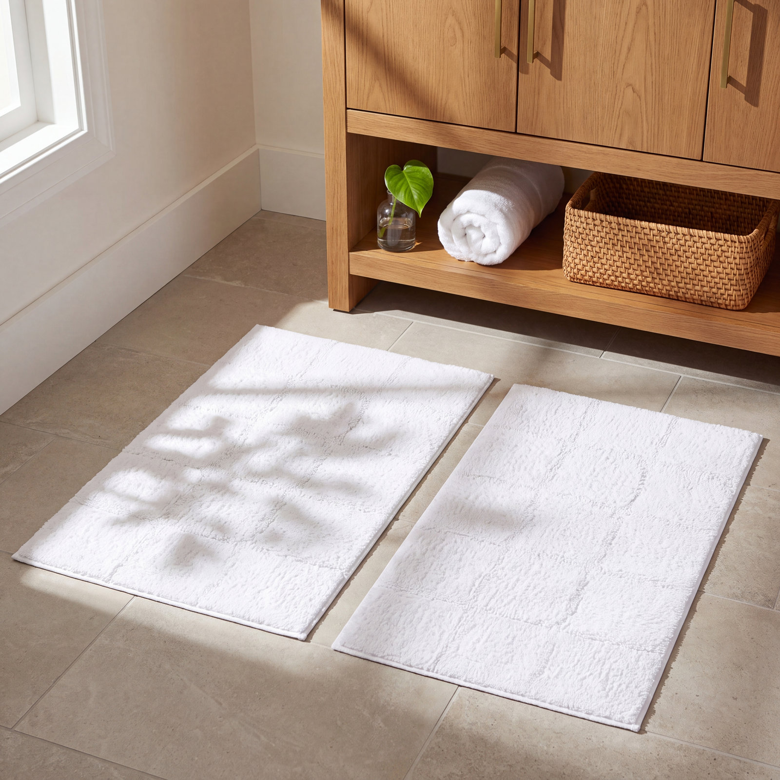 Checkered Cotton Bath Rug, Checkers White