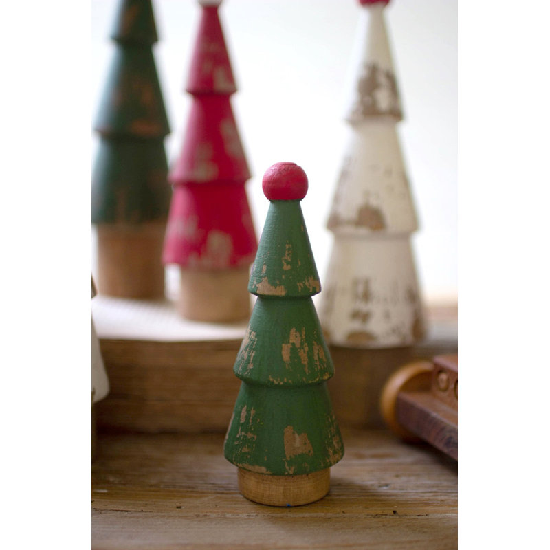  Ensemble de neuf arbres de Noël tournés peints en bois - décor rustique des Fêtes