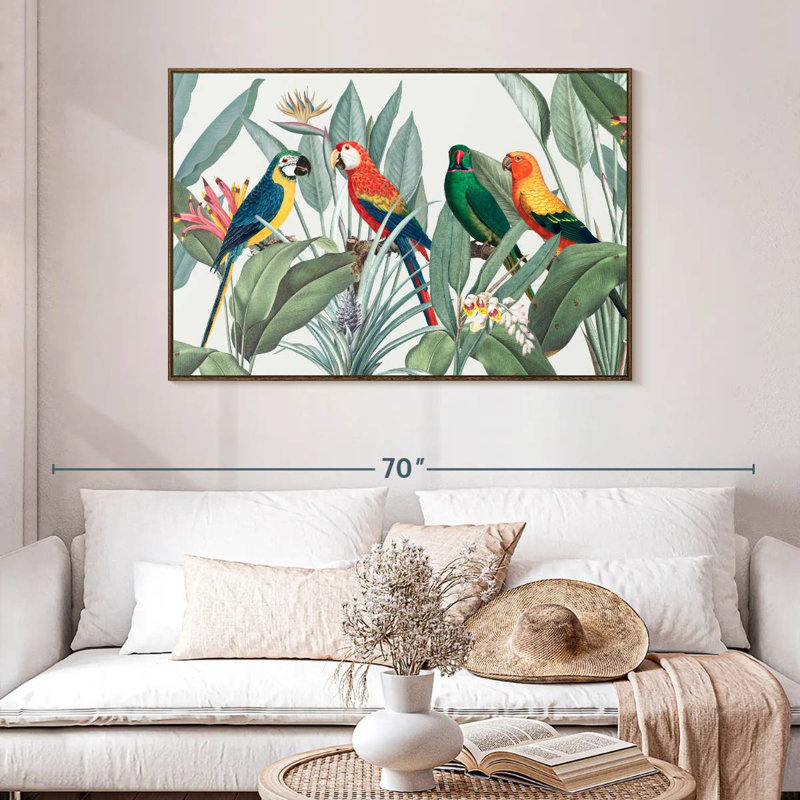 Perroquets de safari tropical, 46 po x 31 po, Cadre flottant en noyer