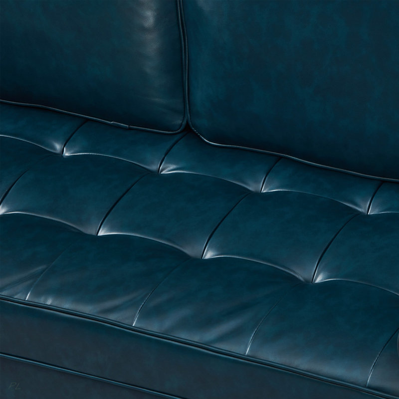 Canapé en cuir de style classique, similicuir respirant avec coussin de siège capitonné, pieds en bois massif pour le salon, bleu marine