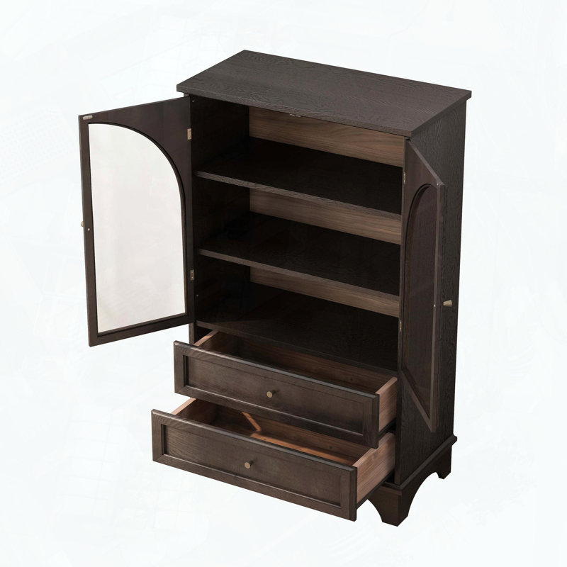 Armoire de rangement moderne moderne avec portes arquées en verre et tablette réglable, Brun