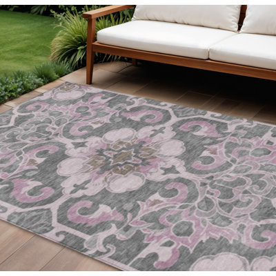 Tapis lavable intérieur et extérieur rose et gris anthracite 10 pi x 14 pi