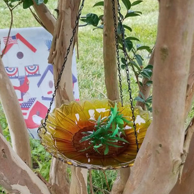 Hanging Bird Bath Outdoor Glass Bird Baths Sunflower Bird Feeder with Water Ripple Rim