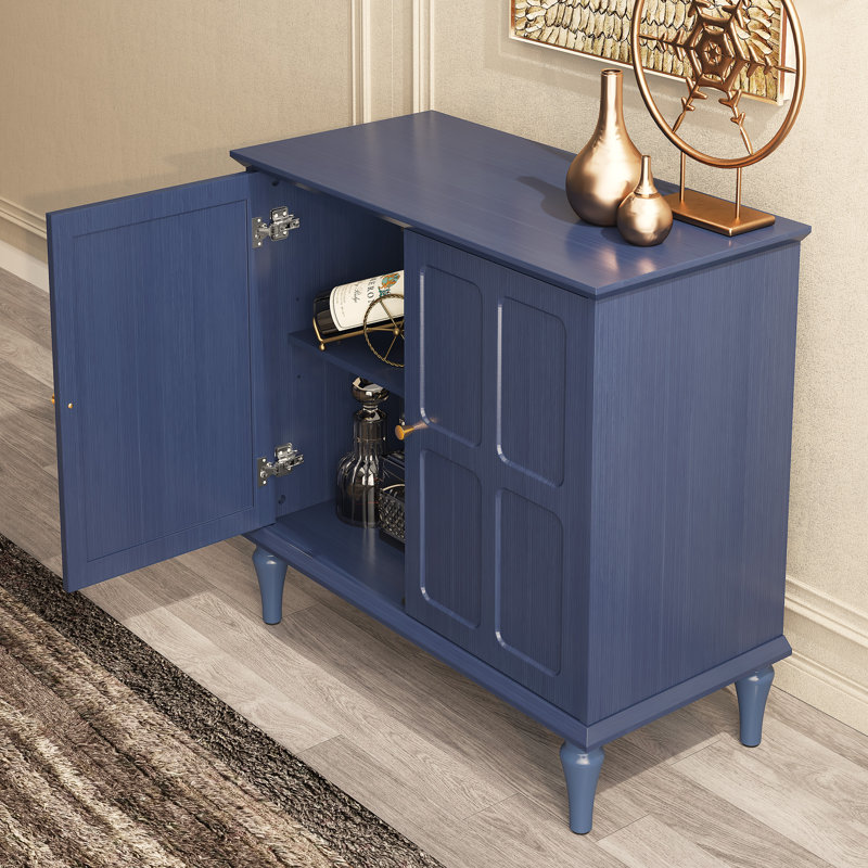 Gurbachan 31" Mid-Century 2-Door Cabinet with Adjustable Shelves and Removable Tall Wine Glass Rack, Blue