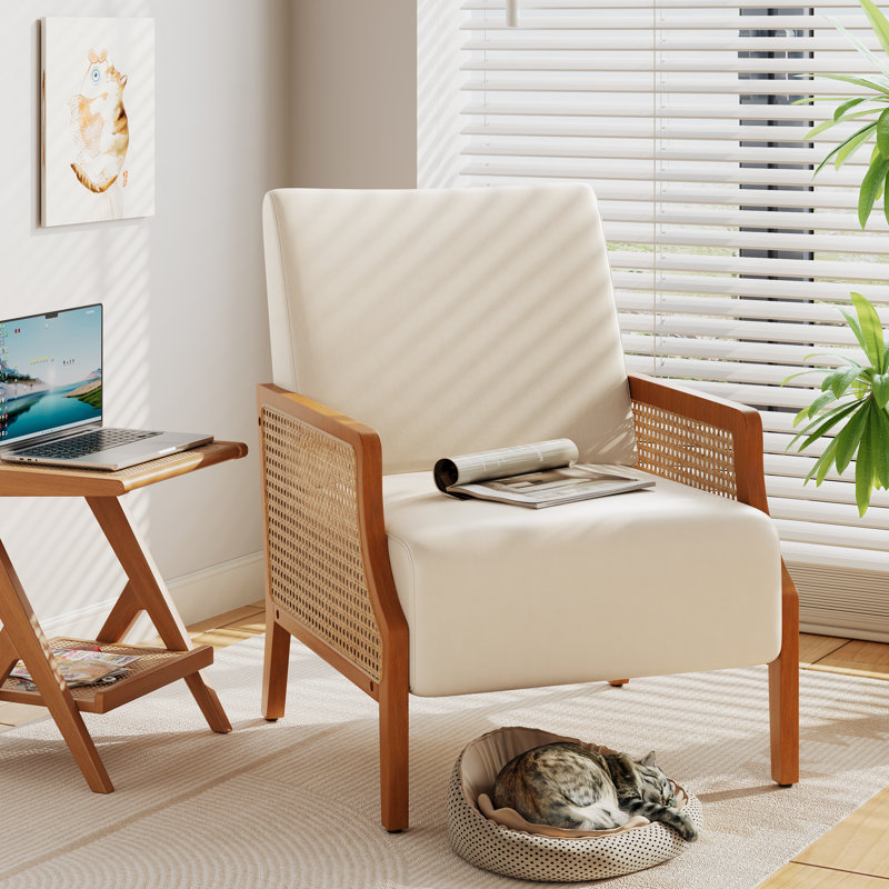 Chaise d'appoint rembourrée avec accoudoirs en rotin et pieds en bois massif, Beige