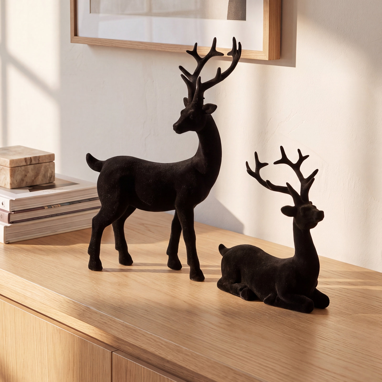 2-Piece Flocked Deer Figurine Set, Black