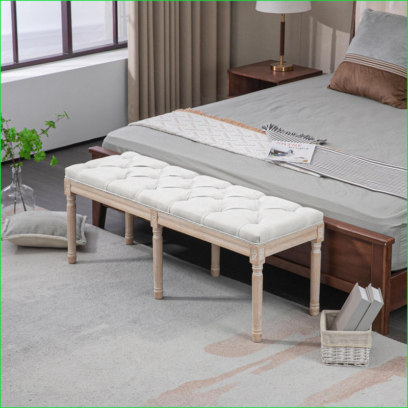Extrémité du banc de lit, 46 po HOMcom, revêtement vintage français crème | Pieds en bois d'hévéa massif | Blanc crème | Polyester
