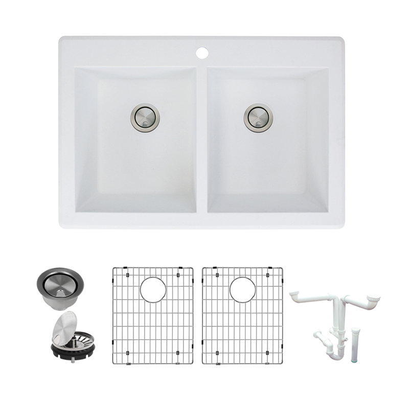 Évier de cuisine à double cuve avec filtre à paniers en granite 33 po x l 22 po Radius, Blancs