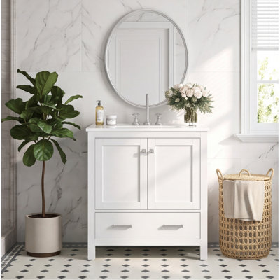 Meuble-lavabo blanc de 76 cm (30 po) avec lavabo encastré en céramique, structure en bois massif, portes et tiroir à fermeture amortie