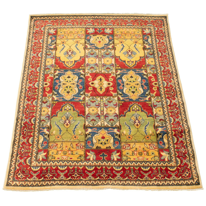 Tapis unique en laine noué à la main des années 2010 de 4 pi 11 po x 6 pi 9 po rouge d'Uzbek Gazni Quantina