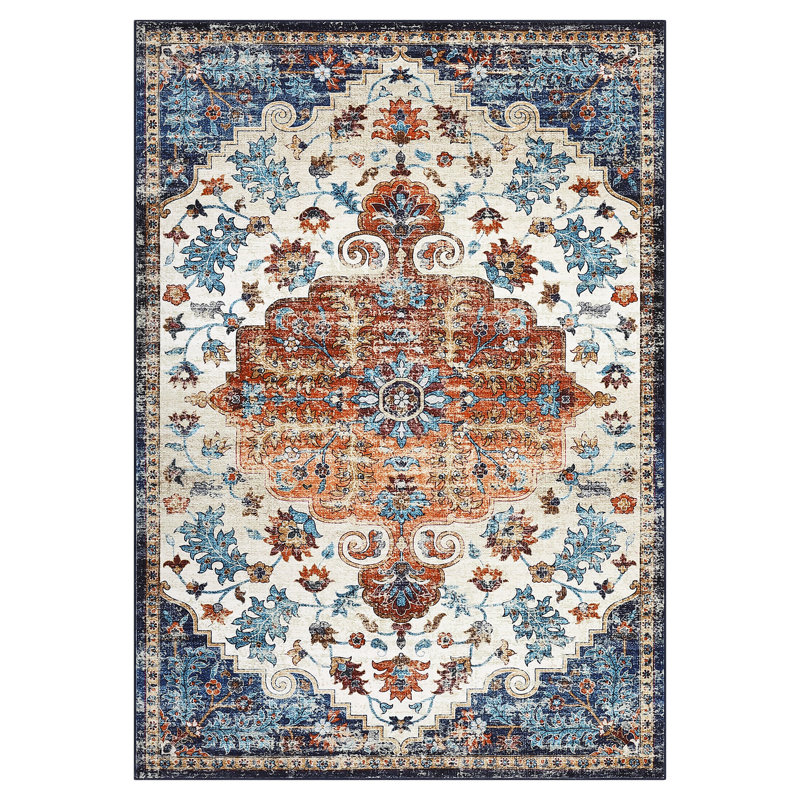 Machine Washable Rug with Rubber Backing for Living Room Vintage Non-Slip Dining Room Rug Easy-Cleaning Floor Carpet for Bedroom Playroom