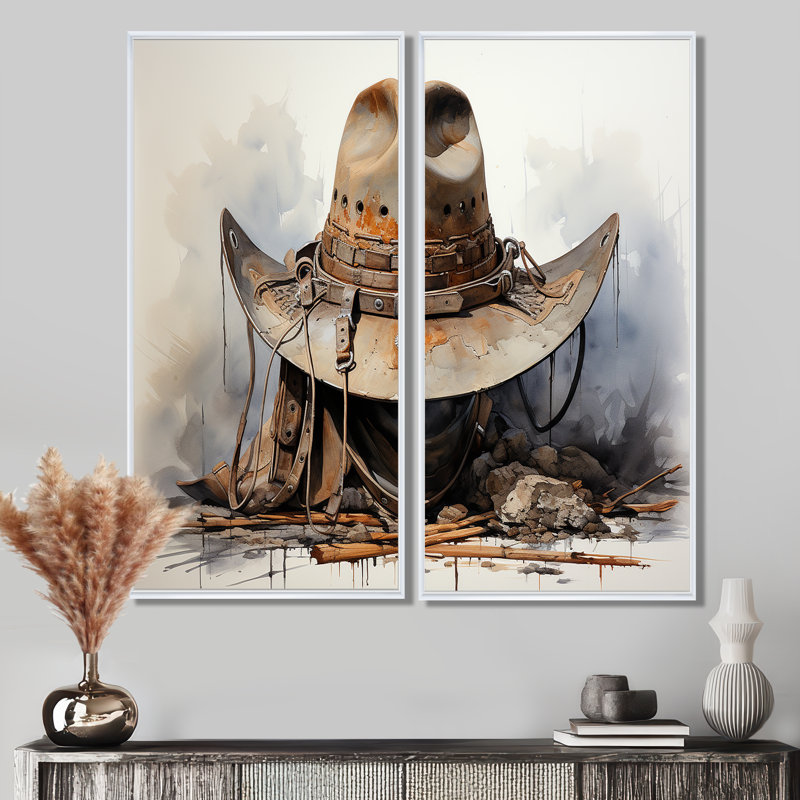 Minimalism Cowboy Hat III - Large Cowboys Wall Art Set Of 2, 32" H x 32" W, Floater Framed Print, White