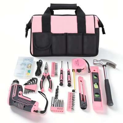 Household Maintenance Tool Set with Wide Mouth Storage Bag, Multi-Pocket Tool Bag for Mechanics, Electricians & Handymen