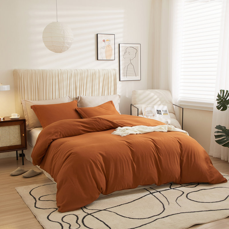  Breathable Washed Microfiber Duvet Cover Set, Twin Duvet Cover + 2 Standard Shams, Brunt Orange