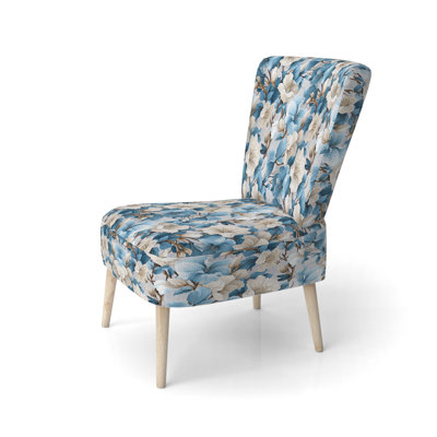 Chaise d'appoint rembourrée blanche et bleue à motif floral I