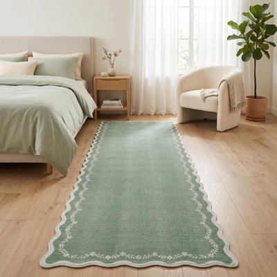 Machine Washable Scalloped Jute-Style Area Rug, Low-Pile Non-Slip Rubber Backing, Neutral Farmhouse Indoor Carpet for Living Room/Bedroom, Pet & Child Friendly