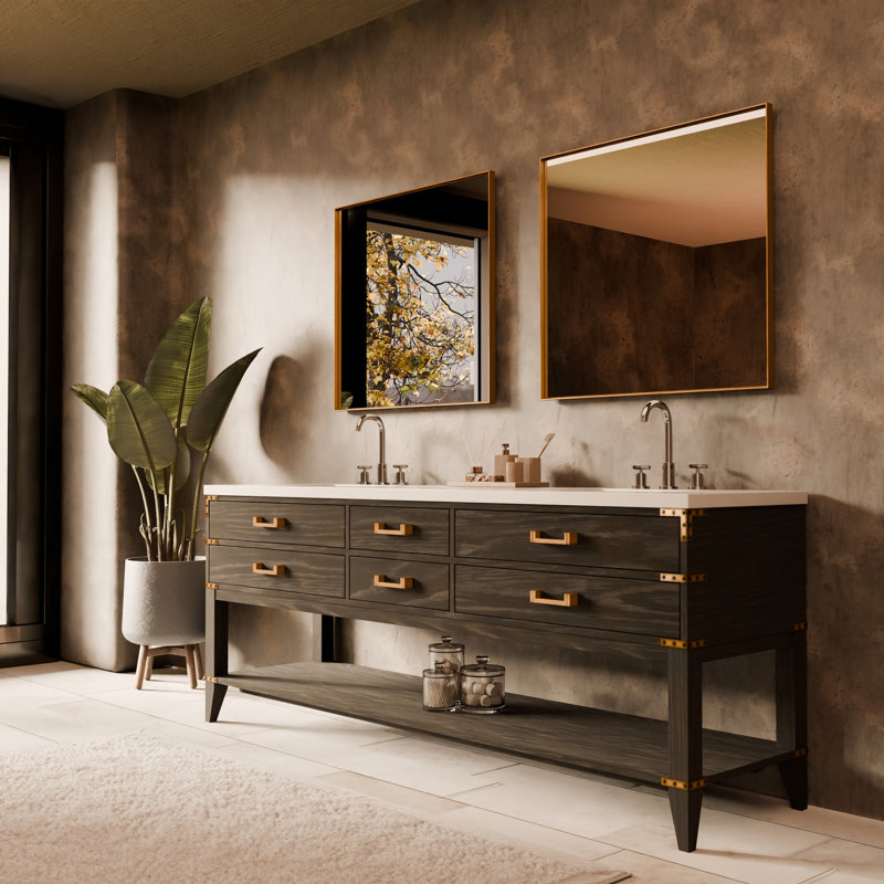 84" Double Bathroom Vanity Set, Black Oak, White Cultured Marble