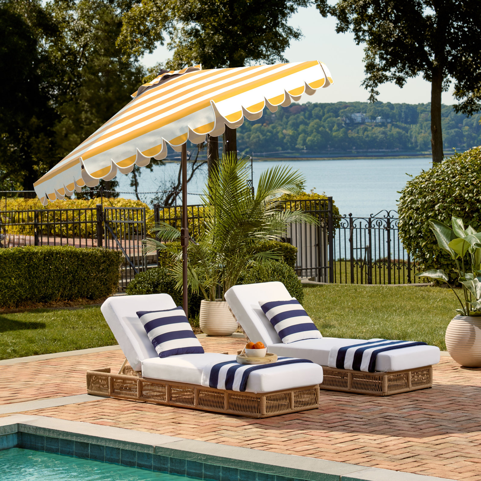 Natalee 108" Scalloped Tilt Top Market Umbrella, Yellow/White