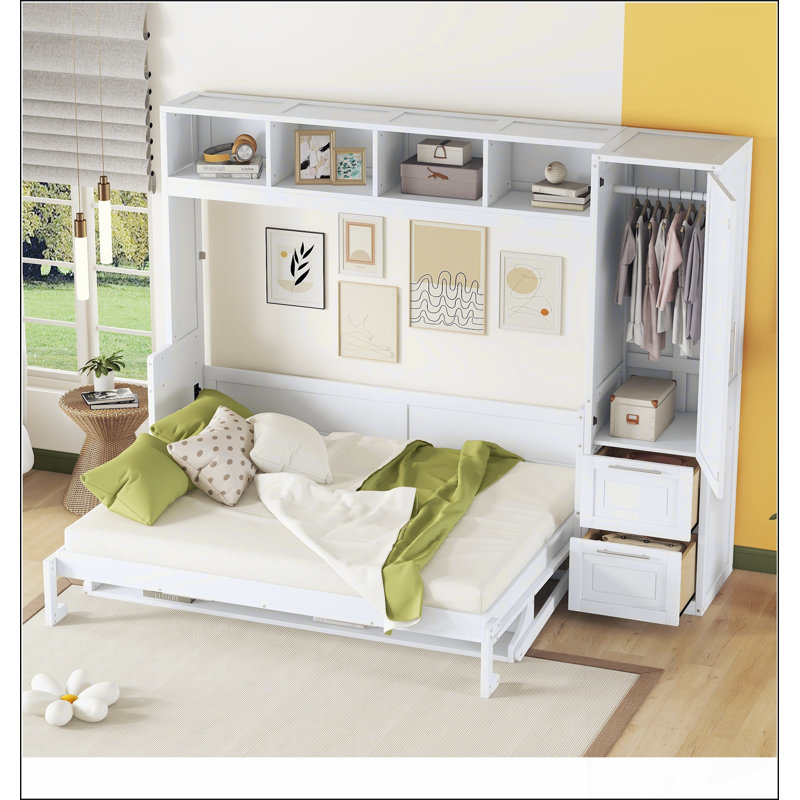 Lit escamotable Murphy avec placard et tiroirs, Blanc