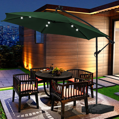10ft Offset Hanging Market Patio Umbrella With Solar Lights&Base