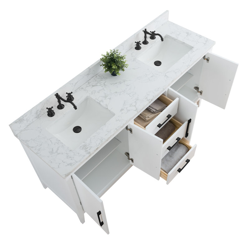 Meuble-lavabo double 72 po avec plateau en marbre, Blanc, Noir mat