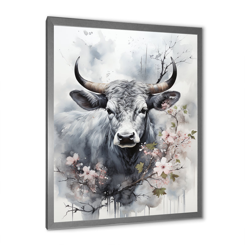 Bania, art asiatique, vache Sumi V, H 32 po x l 24 po x P 1 po, Cadre photo argenté