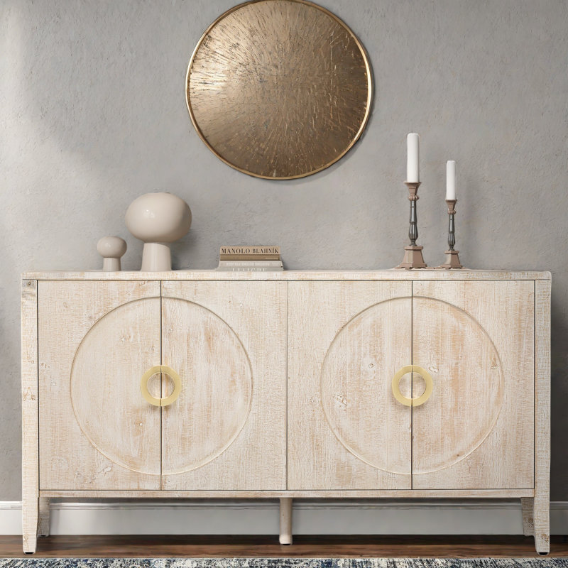 Sophisticated Sideboard With Embossed Texture, Round Handles And Built-in Circular Pattern, Natural