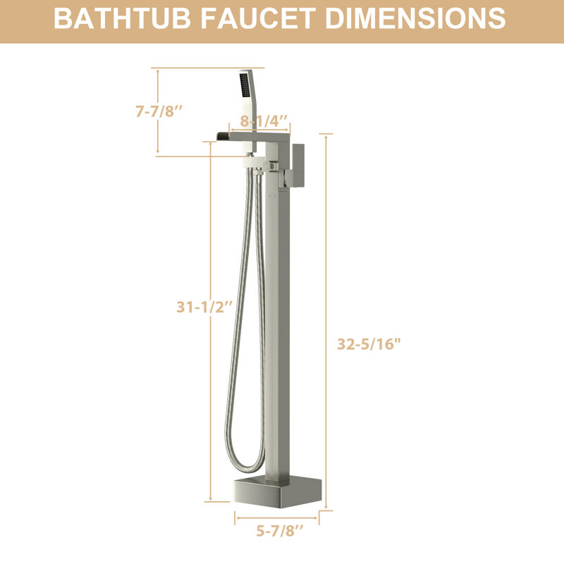 Waterfall Tub Faucet With Hand Shower, 360° Rotatable Spout, Heavy - Duty Brass Construction, Brushed Nickel Faucet, Freestanding Swivel, Brass, Finish