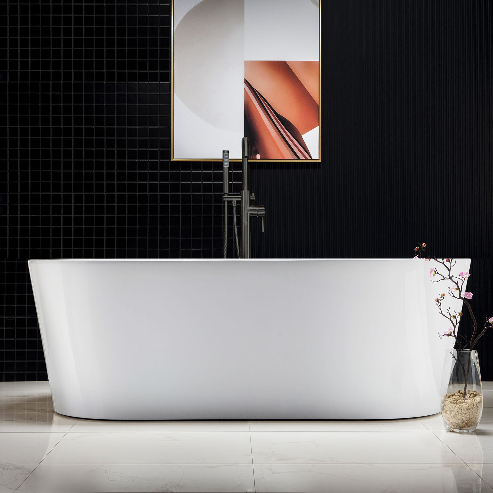 66.38" x 31.75" Freestanding Soaking Acrylic Double Ended Bathtub with Wide Rim, Matte Black