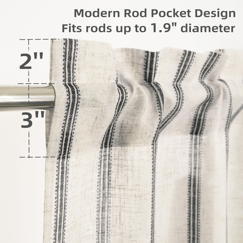 Farmhouse Kitchen Curtains Striped Tier Linen Short Curtains Pinstripe Cafe Curtains, 26" W x 24" L, Black Stripe/Light Linen