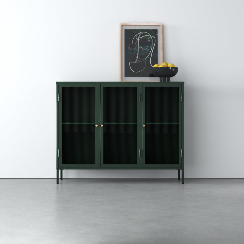 Green Steel and Glass 52'' Sideboard with Gold Hardware