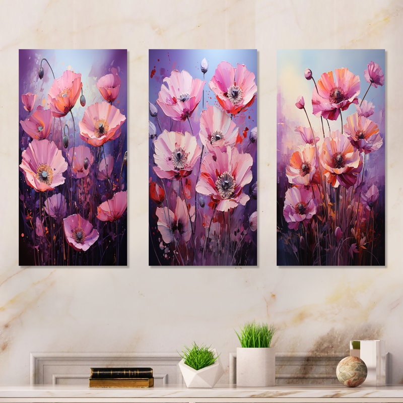 Ensemble de 3 affiches murales lilas roses et mauves - coquelicots, H 28 po x l 36 po