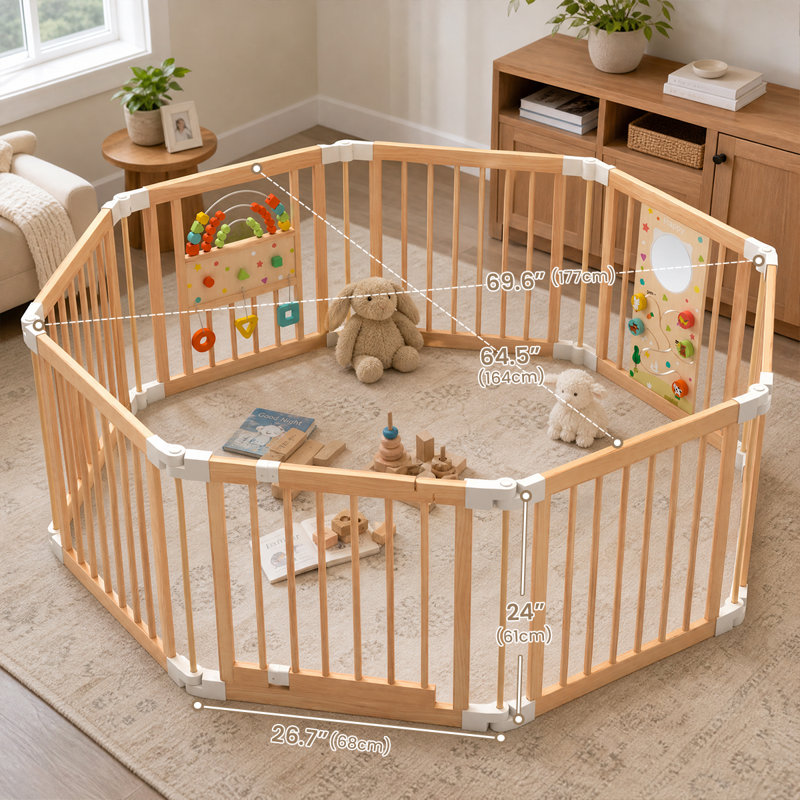 Parc pour bébé 8 panneaux pliable avec structure en bois de pin massif, panneaux d'activité et porte, 8 Panels
