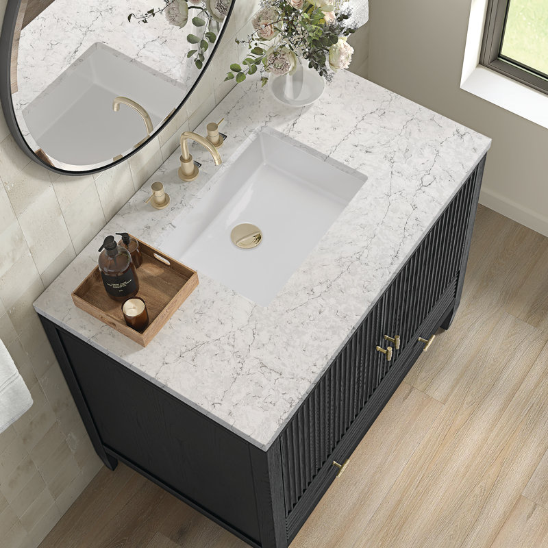 Myrrin 36'' W Single Vanity, Eternal Jasmine Pearl, 8" Widespread, Carbon Oak