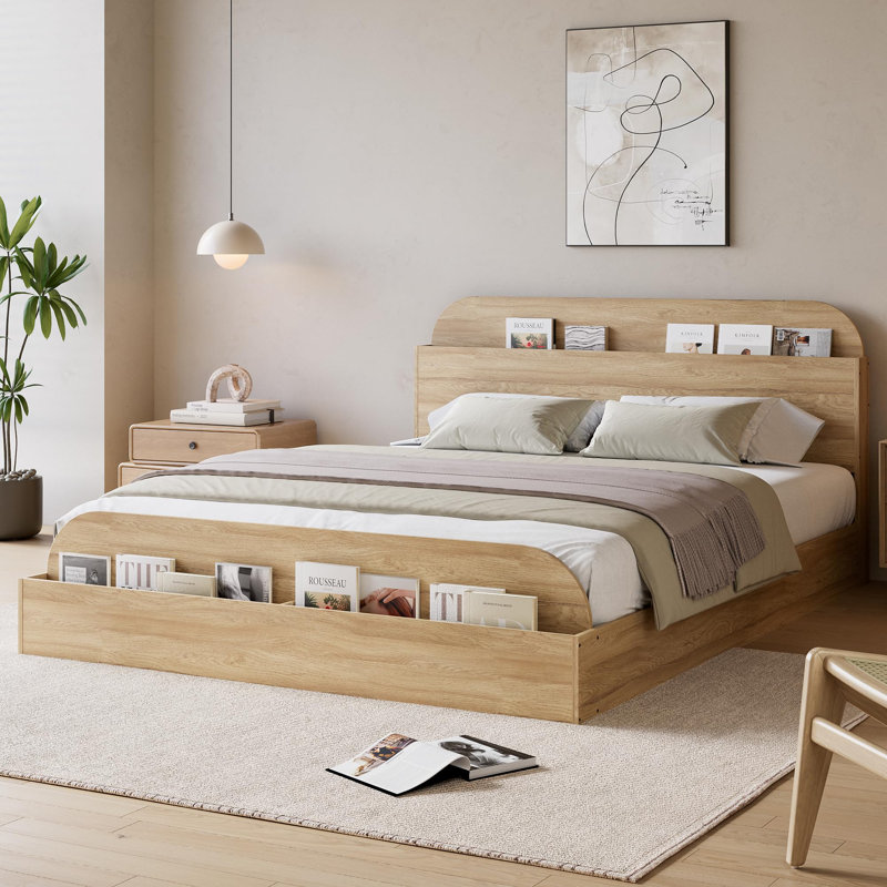 Base de lit en bois avec tête de lit avec rangement - Lit plateforme pour petit avec pied surélevé, lattes en bois robustes (aucun sommier requis), assemblage facile