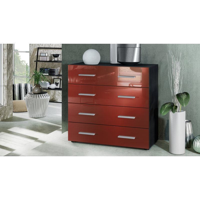 Mazur 76cm W 4 - Drawer Chest of Drawers, Black/Bordeaux