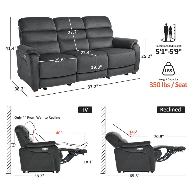 Power Reclining Sofa with Drop Down Table, Touch light, 3-Seat Recliner Couch with Adjustable Headrest, Dark Gray