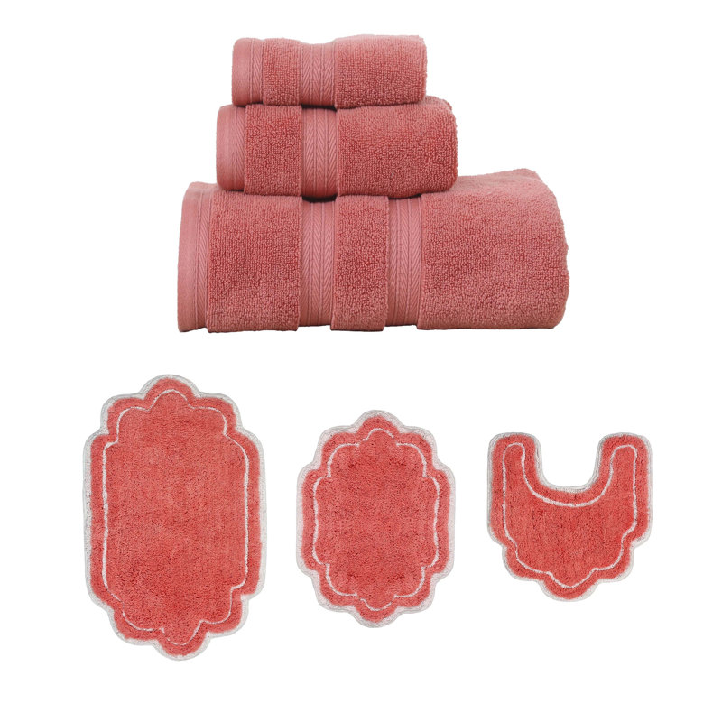 Talbert Collection 100% Soft Cotton 3 PC Towel Set & 3 PC Bath Rug Set, (Set of 6), Coral