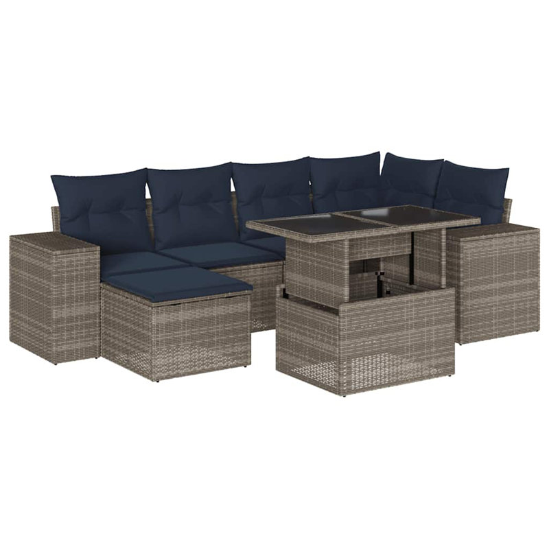  Ensemble de canapé de patio 7 pièces avec coussins en rotin de polyester brun, Gris, Marine