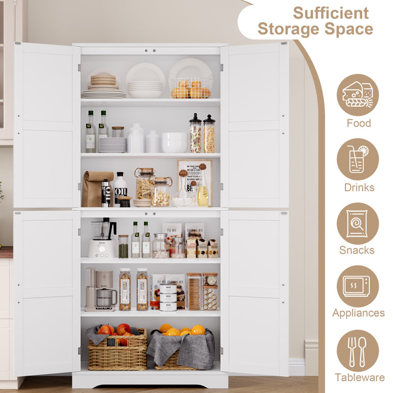 71.3" Tall White Modern Farmhouse Storage Cabinet, Food Pantry with 6 Shelves, Premium MDF Construction, Versatile for Kitchen, Entryway & Bathroom (Handle Upgraded)