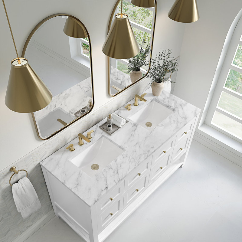 Breckenridge 60'' W Double Vanity, Bright White, Carrara White Marble, Widespread