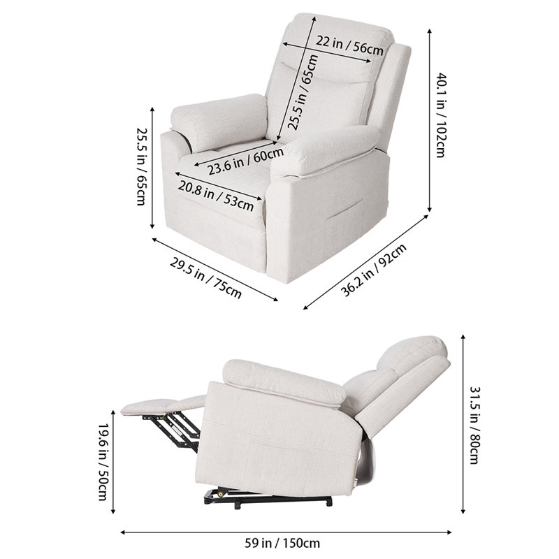 Single Sofa Recliner Armchair Reclining Chair, Beige White Chenille, Beige White