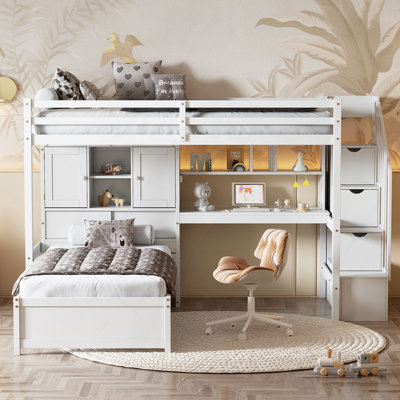 Loft Bed With Built-In Desk And Staircase, With Storage Compartments And Shelves
